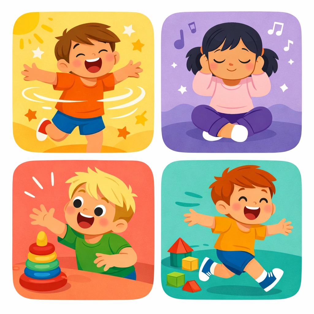 Four quadrants showing child behaviors: sensory seeking, escape, attention, and tangible functions