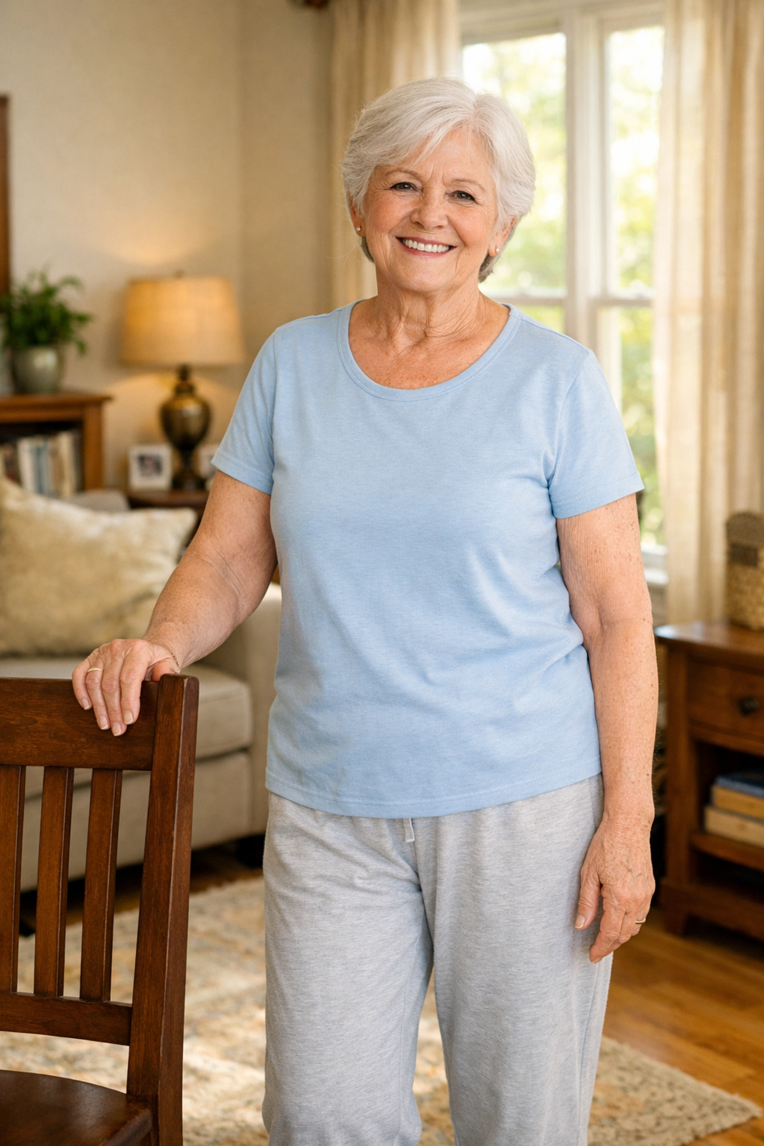 Senior woman standing safely with chair support after fall recovery