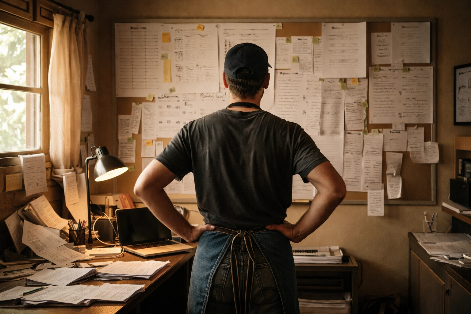 Restaurant owner reviewing menu pricing and strategy on planning board for business positioning decisions