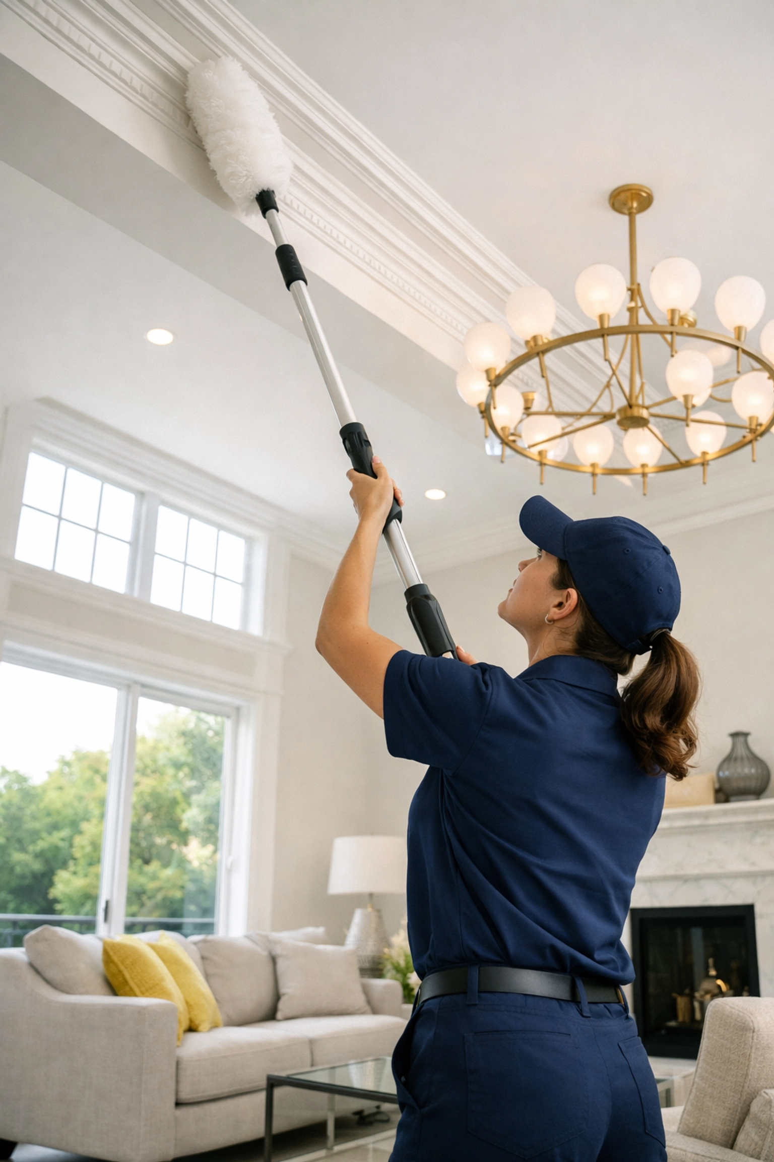 Professional cleaner using top-to-bottom cleaning technique in a luxury Wellesley MA home living room.