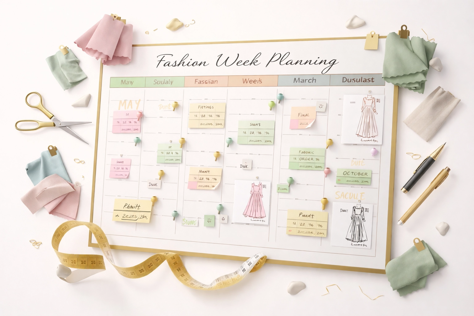 Organized wall calendar for fashion week deadlines surrounded by fabric swatches and designer planning tools