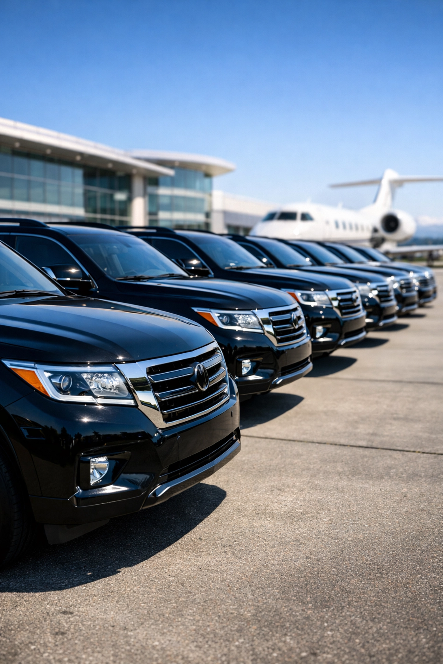 Executive transport fleet of black luxury SUVs for seamless Super Bowl event logistics.