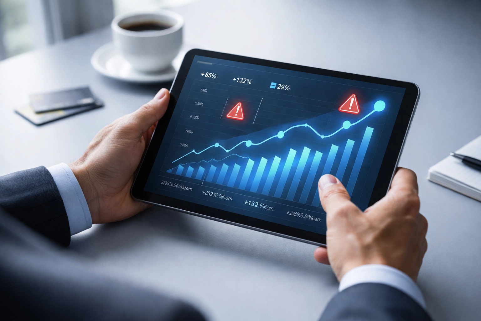 Business professional holding tablet with financial risk alerts, emphasizing the need for a high-risk merchant account