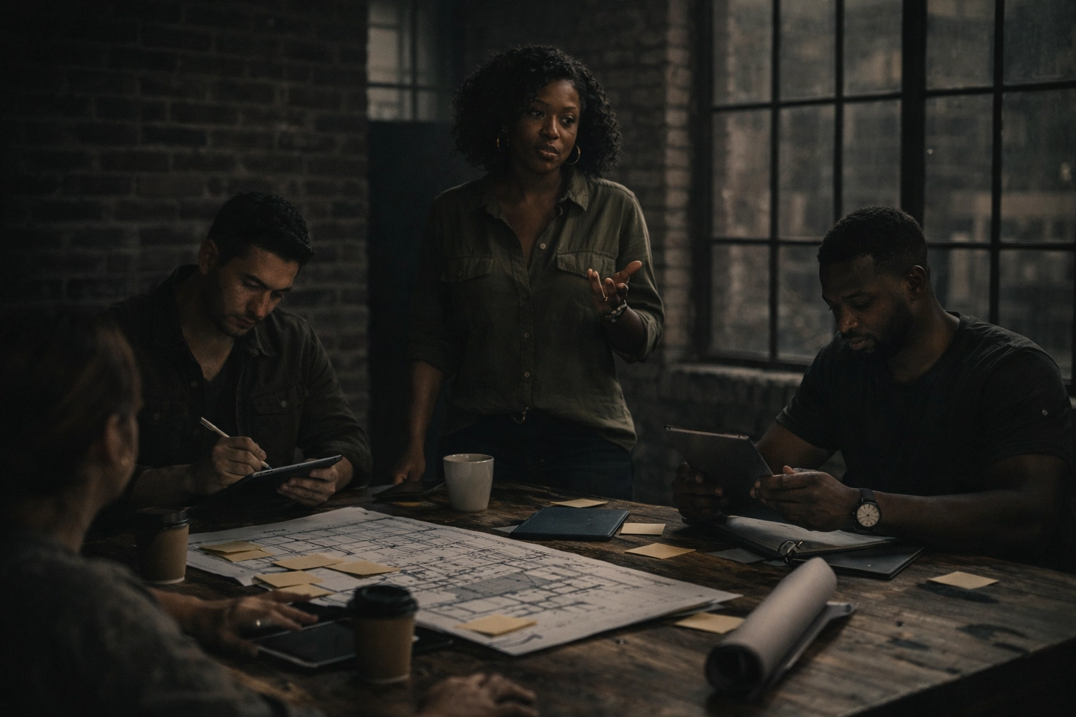 Diverse (Black and Hispanic) leaders collaborating over blueprints in a gritty industrial workspace—accountability built into the process