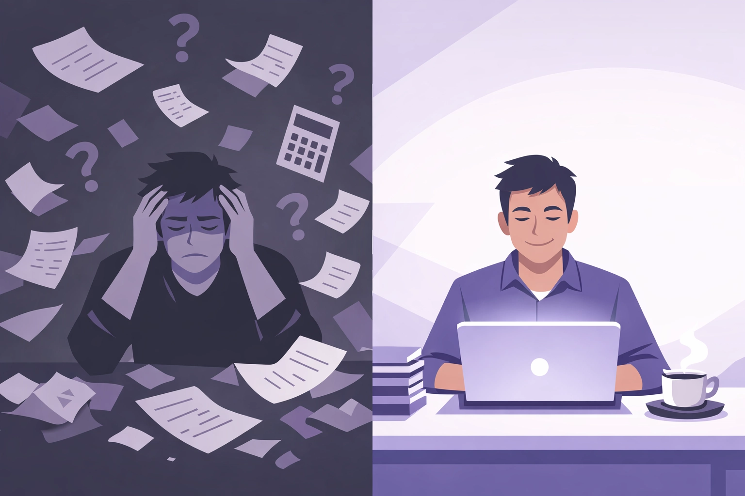 Small business owner transitioning from bookkeeping chaos to organized financial clarity