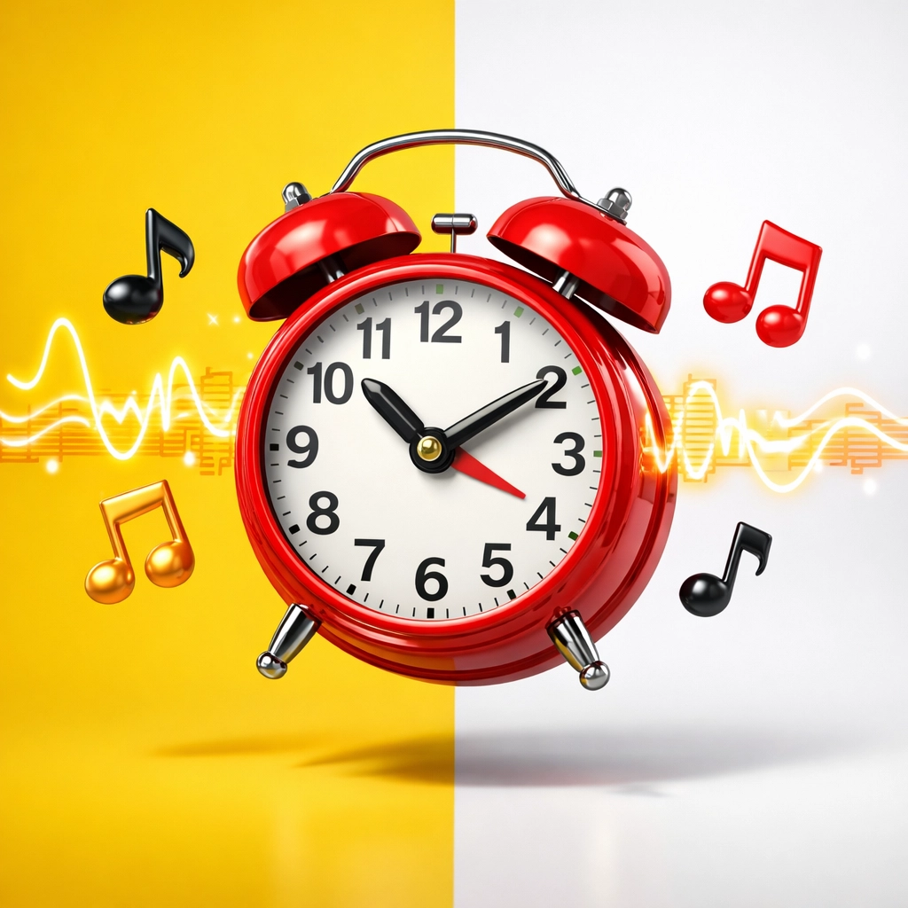 Red vintage alarm clock with musical notes, highlighting the importance of timing when sending radio requests.