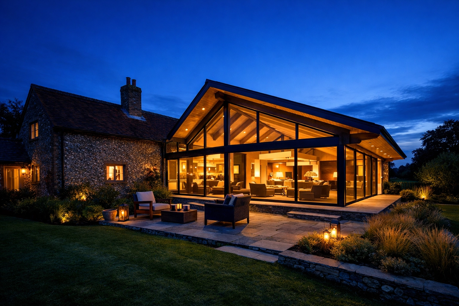 Contemporary glass and timber home extension integrated with a traditional flint-stone cottage in West Sussex.