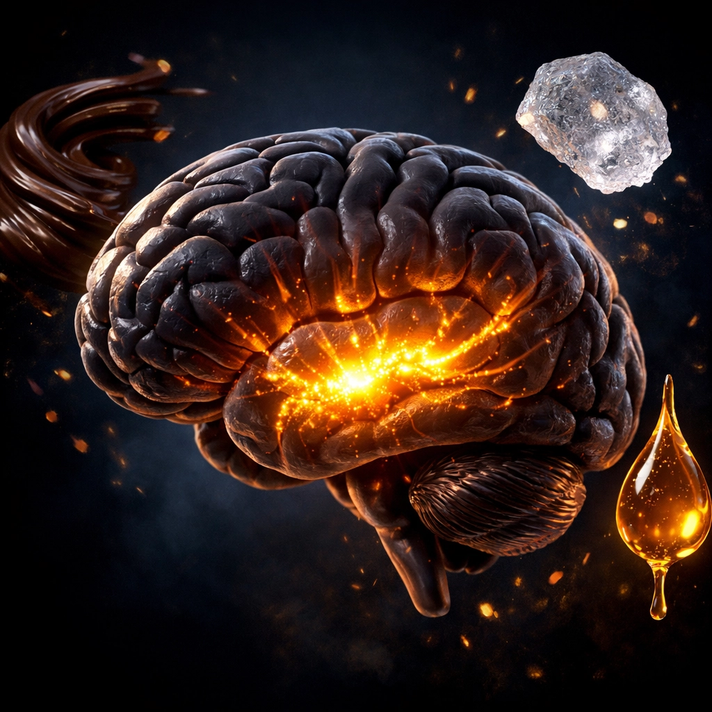 Human brain reward pathways glowing in response to comfort food cues like chocolate and sugar.