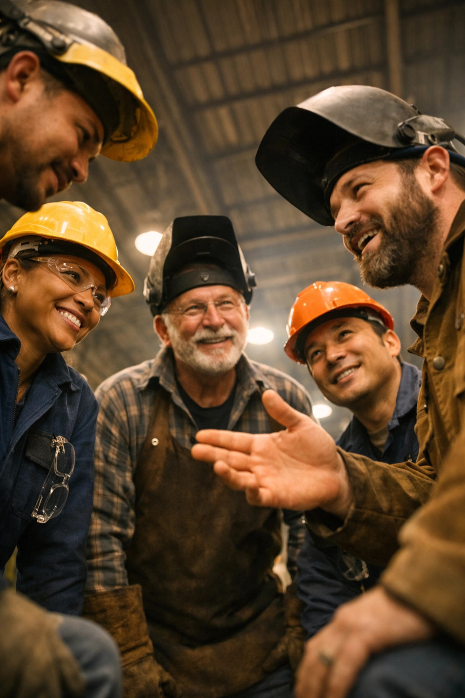 Workers collaborating in safety discussion at manufacturing facility showing workplace trust