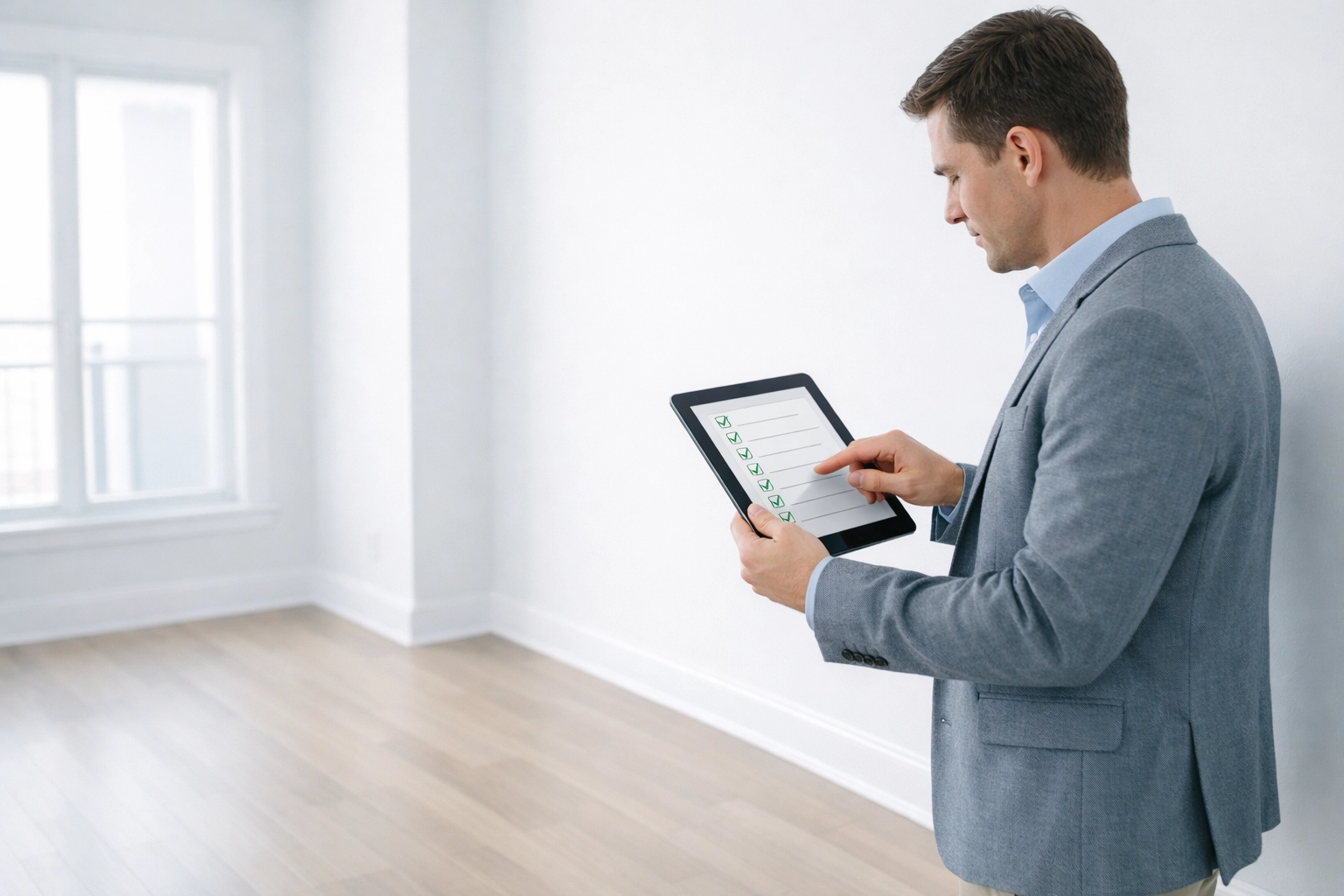 Property manager using digital checklist for apartment turnover cleaning inspection