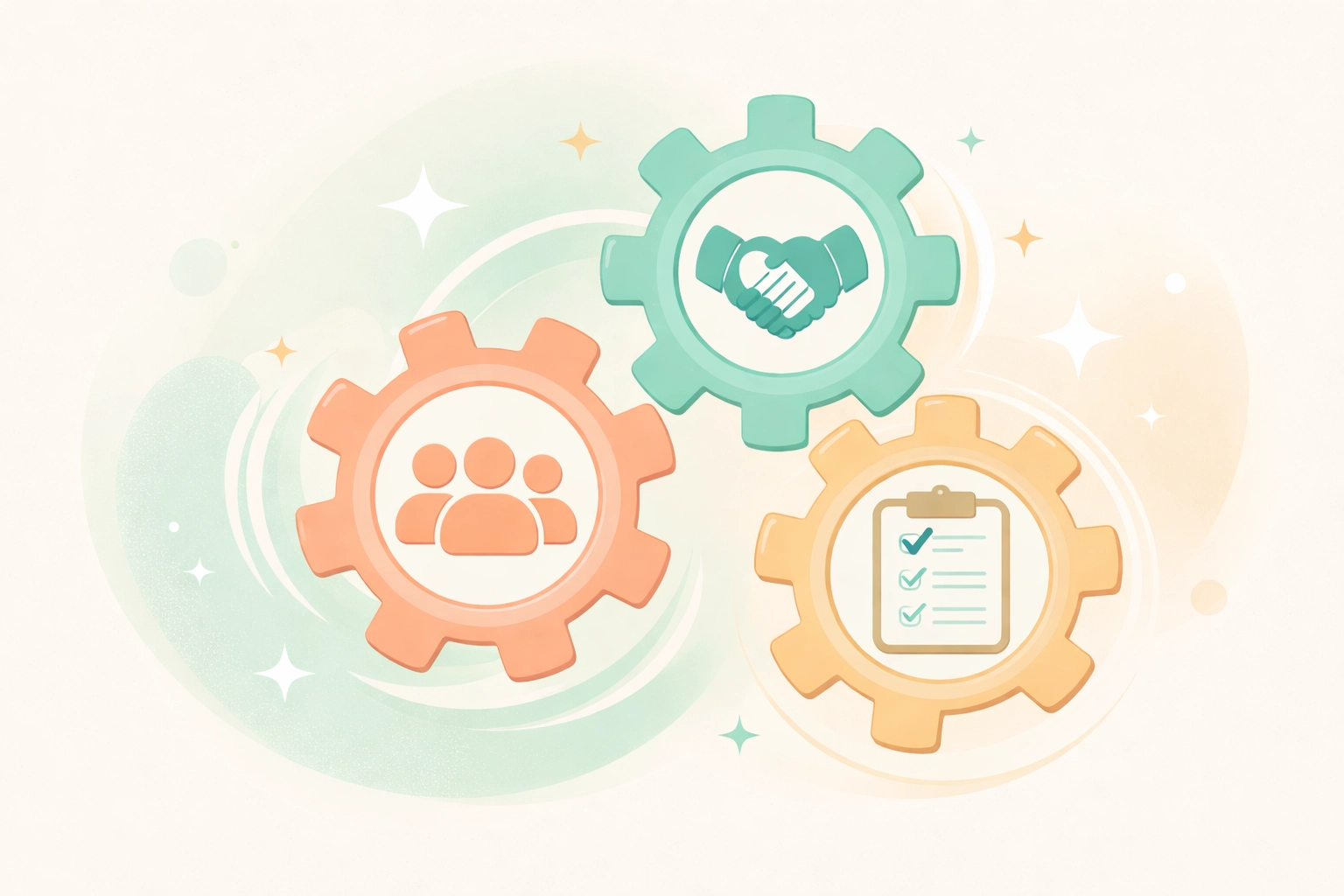 Interconnected gears with HR, CRM, and project icons showing unified business operations for SMB growth.