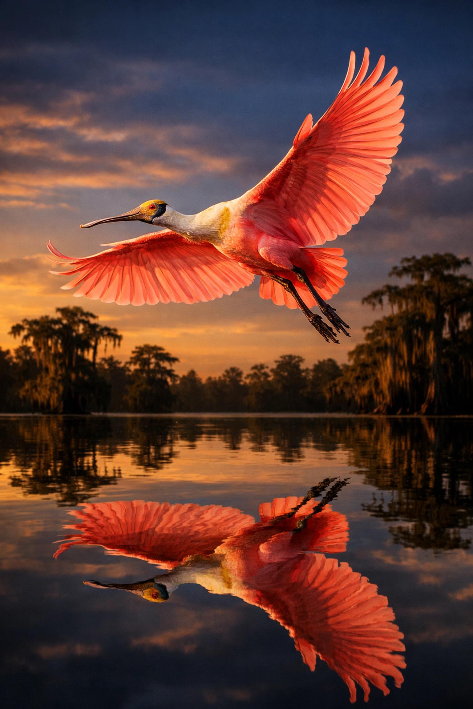 Roseate Spoonbill flying over the marsh during golden hour in the Florida Everglades.