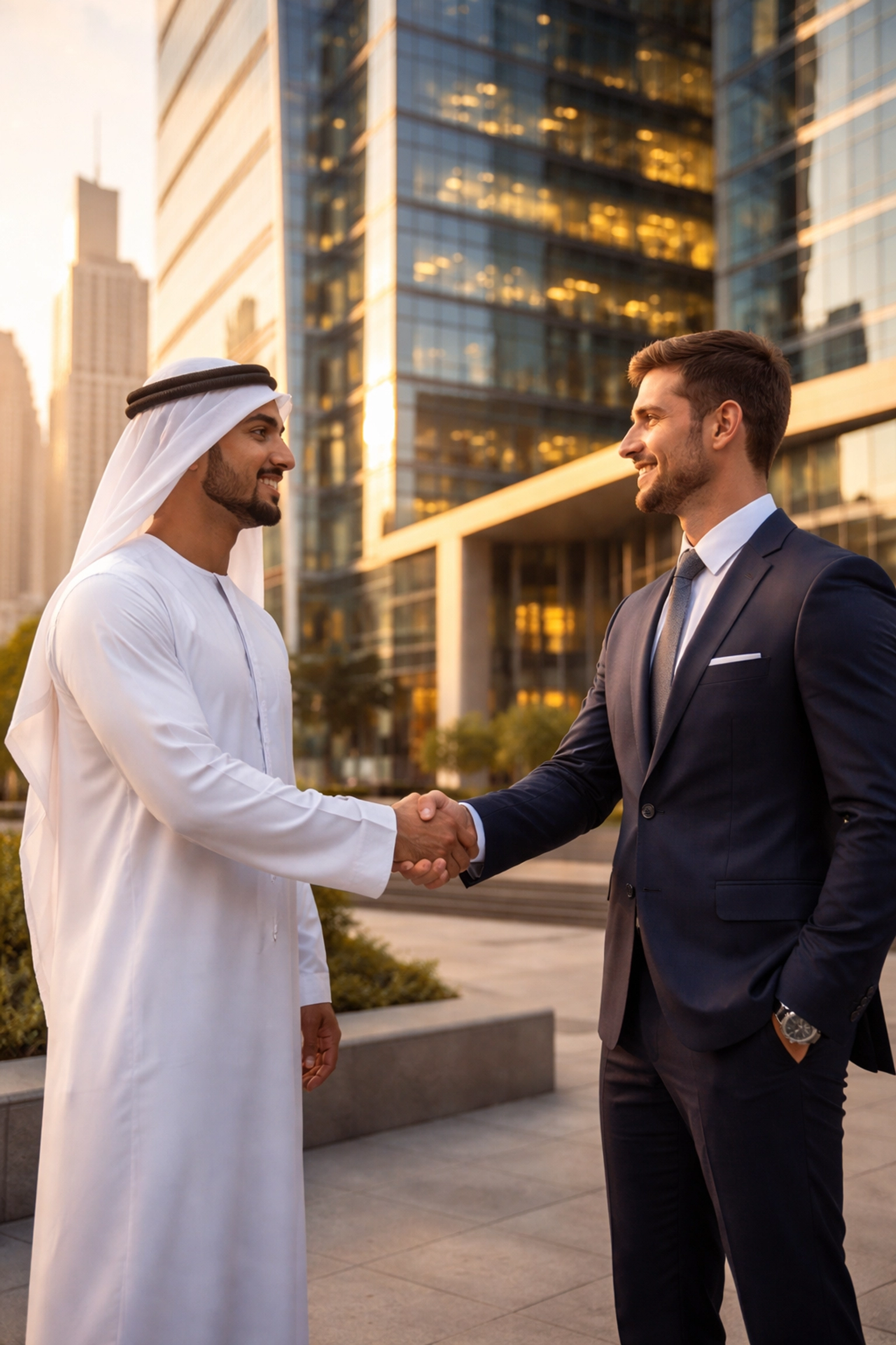 Business partners shaking hands in Dubai representing GCC corporate restructuring partnerships