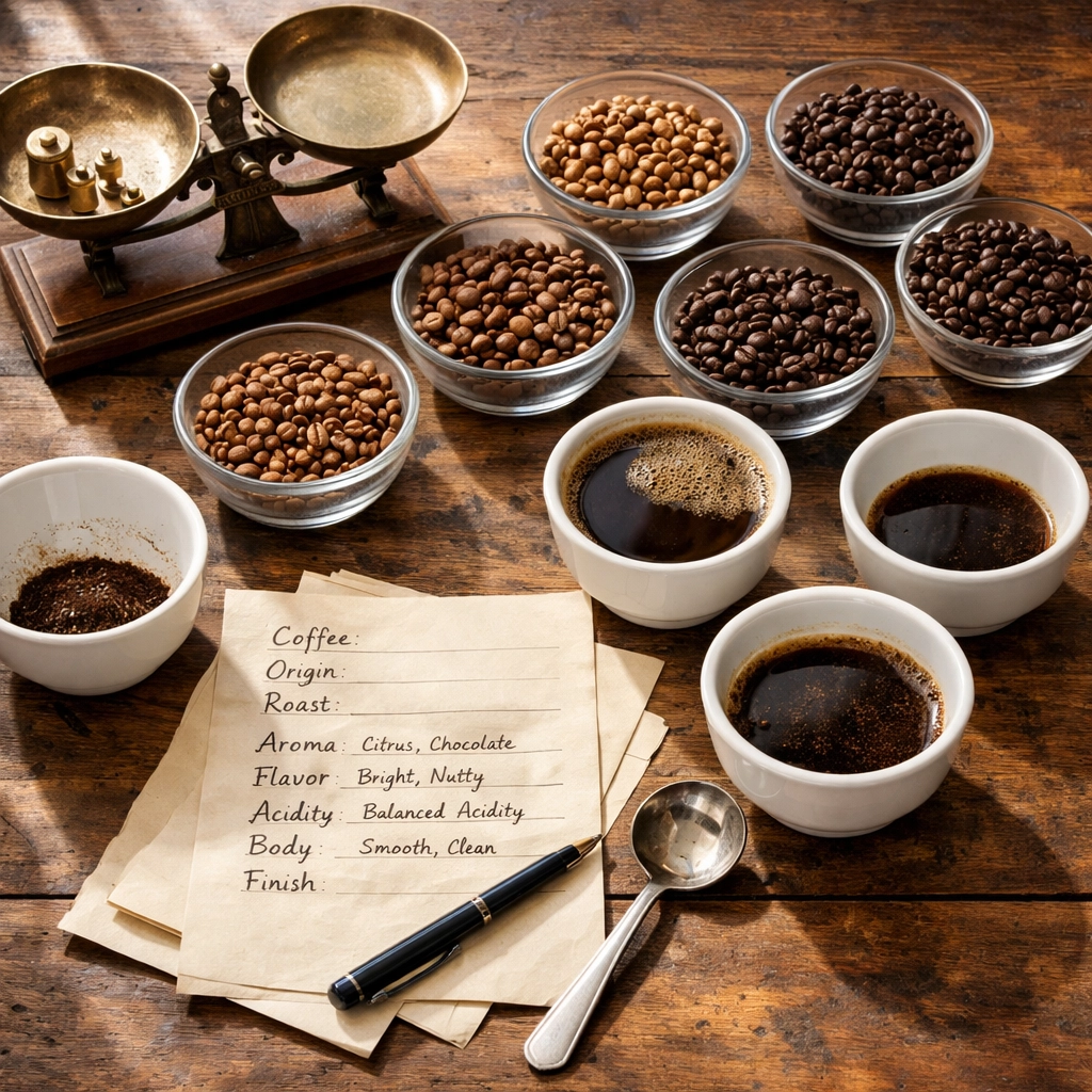 Coffee quality testing setup with bean samples and cupping bowls for evaluation