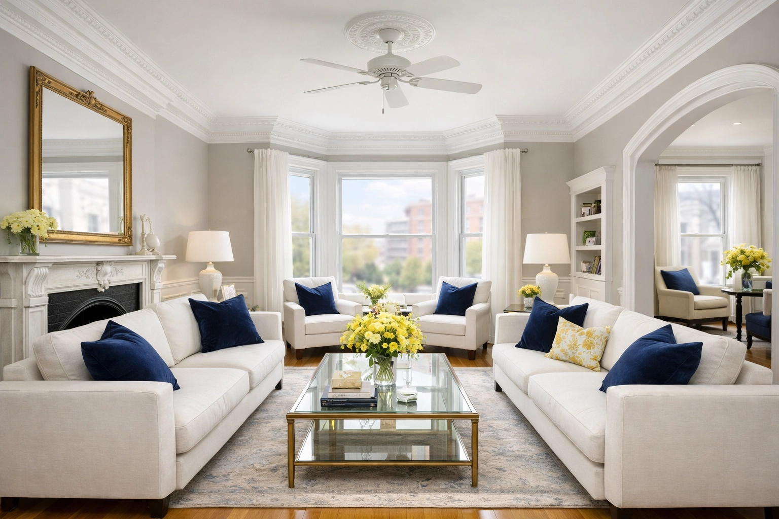 A spotless, sun-drenched living room in a Victorian home after move-out cleaning Worcester services.