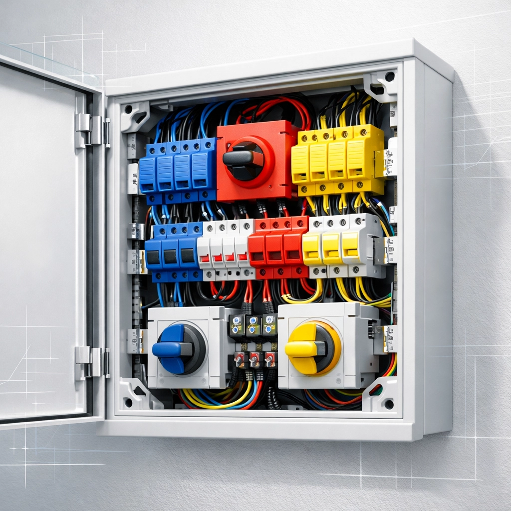 Coffret de protection électrique avec disjoncteurs et parafoudres pour une installation photovoltaïque sécurisée.