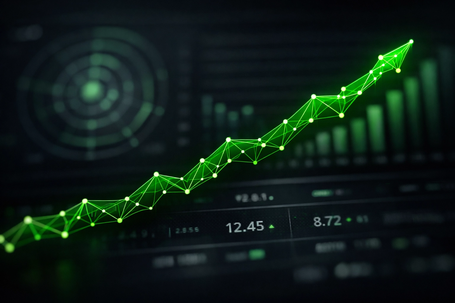 Data dashboard with a rising performance trend line showing the mathematical edge in predictive football.