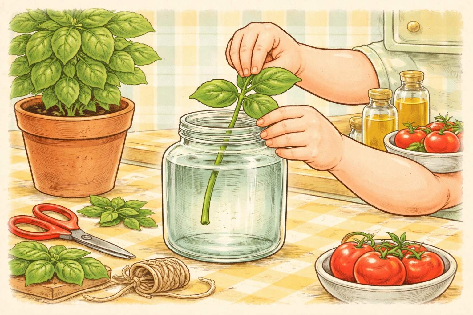 Child placing a basil cutting into a glass jar for indoor hydroponic growing on a retro kitchen counter