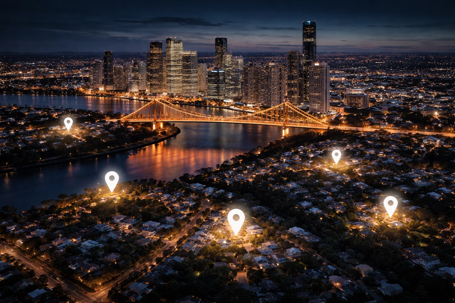 Aerial view of Brisbane suburbs and Story Bridge highlighting targeted suburb profiling for dentists.