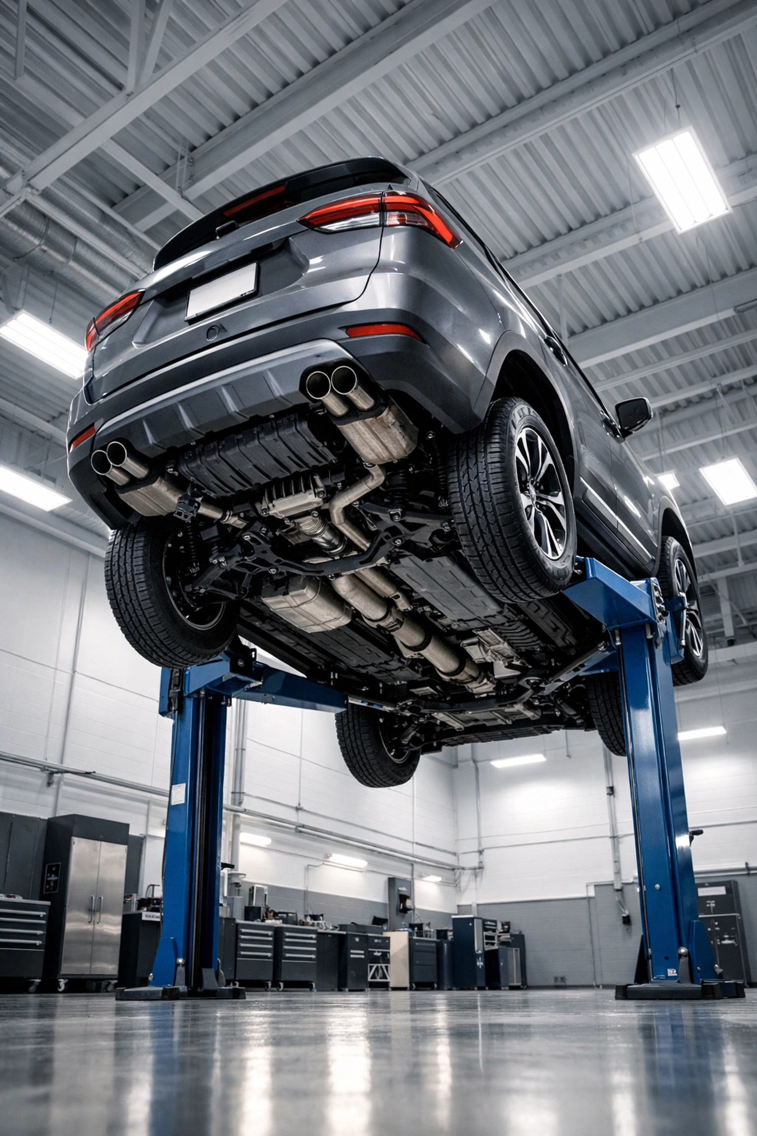 SUV on a hydraulic lift for an undercarriage check during purchase inspections near me.