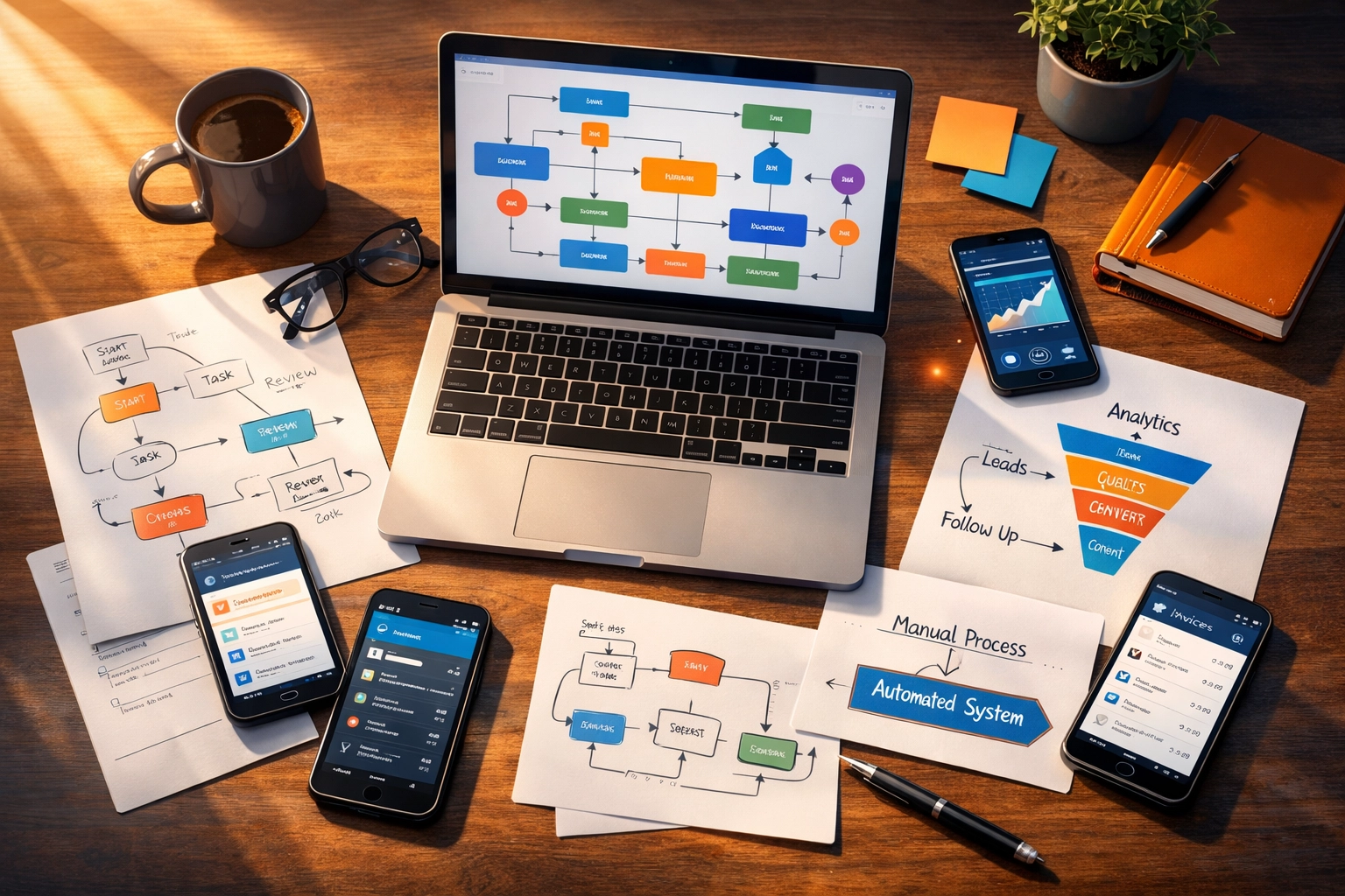 Small business desk with multiple software apps and workflow diagrams showing automation challenges