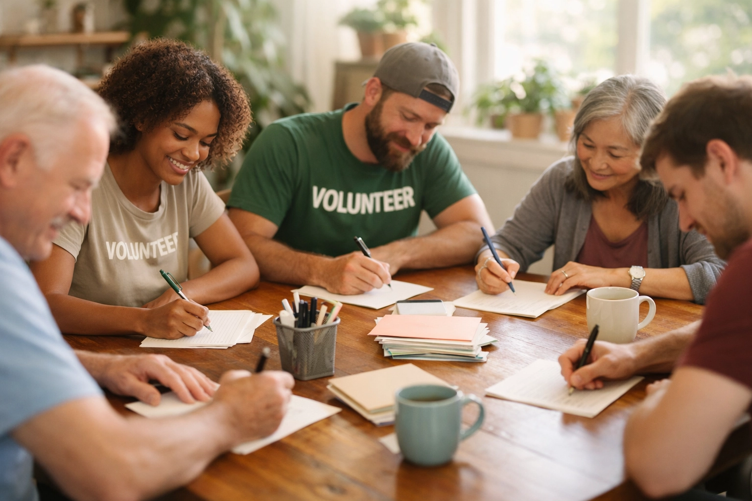 Volunteers writing handwritten letters for senior companionship program