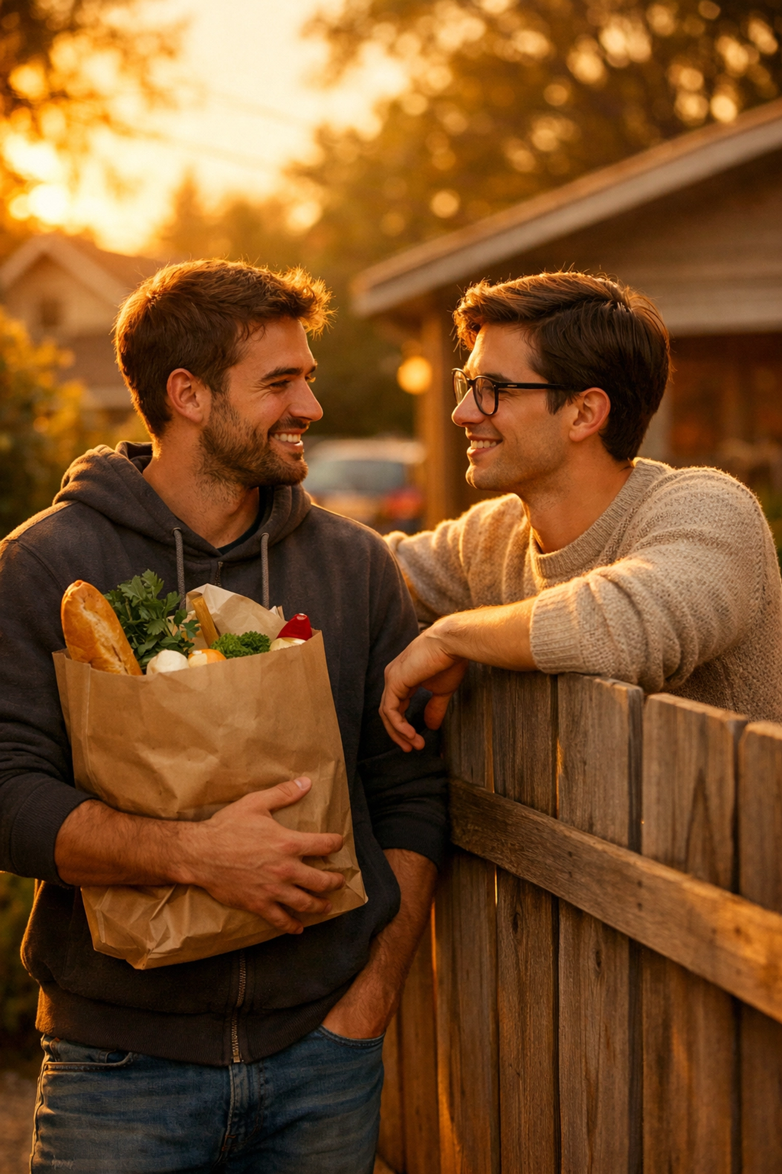 Two male neighbors sharing a warm look at sunset, a classic scene from a guy next door MM romance.