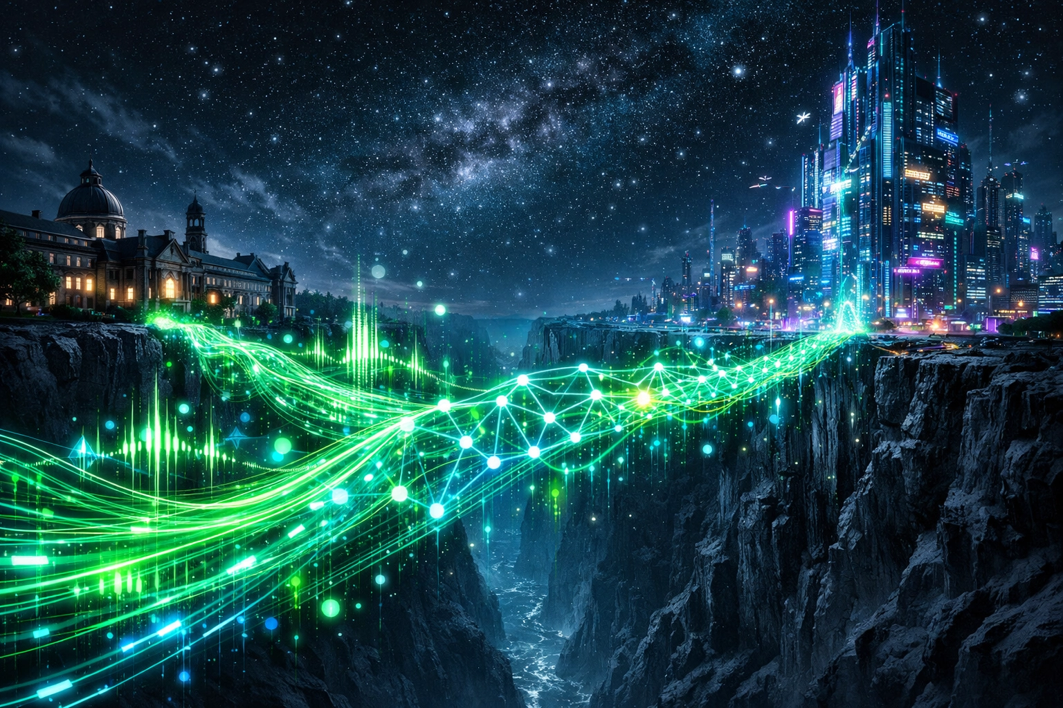 A neon bridge spanning a digital canyon to close the campus-to-career gap using AI assessment technology.