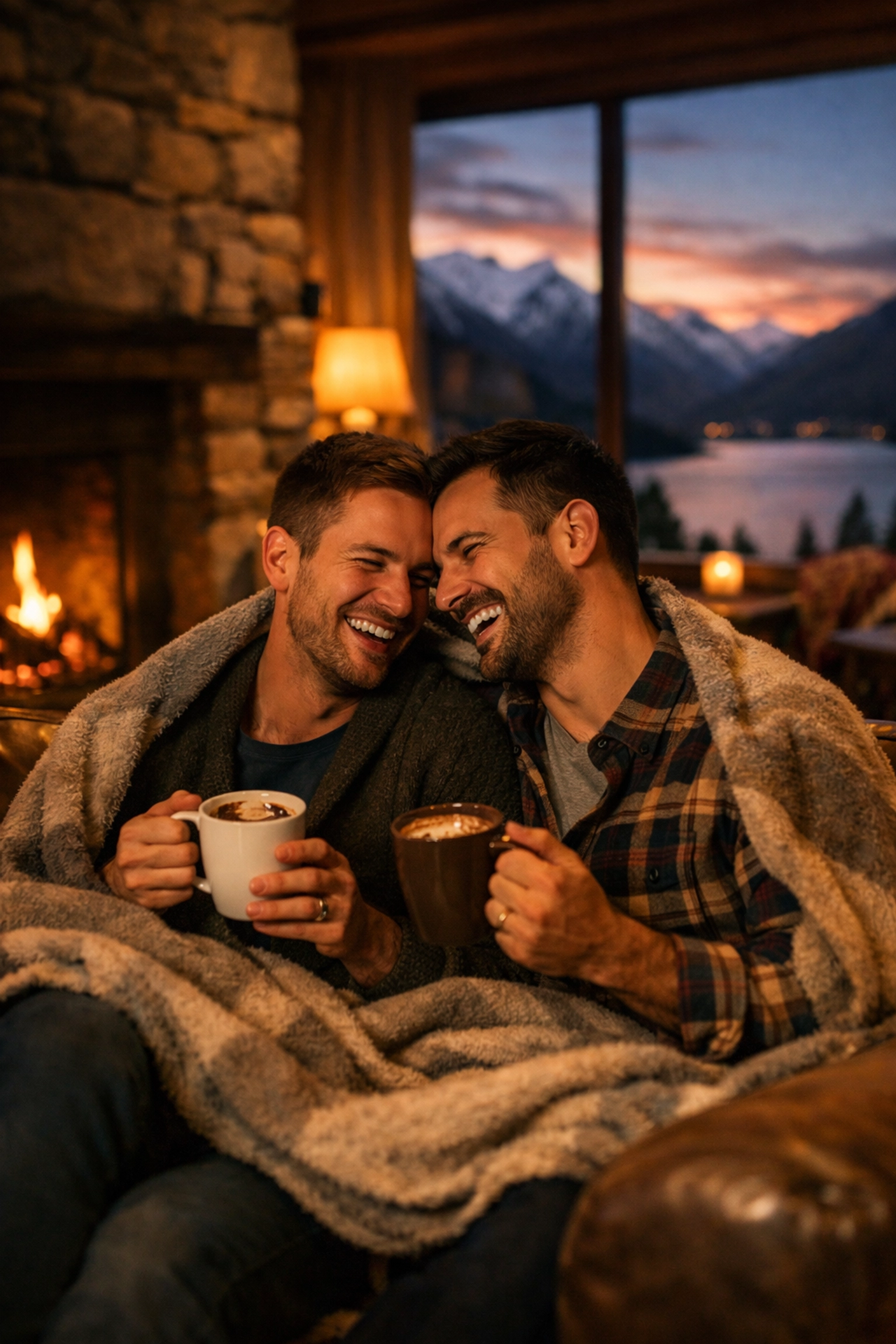 Gay couple enjoying romantic evening by fireplace in luxury New Zealand honeymoon lodge