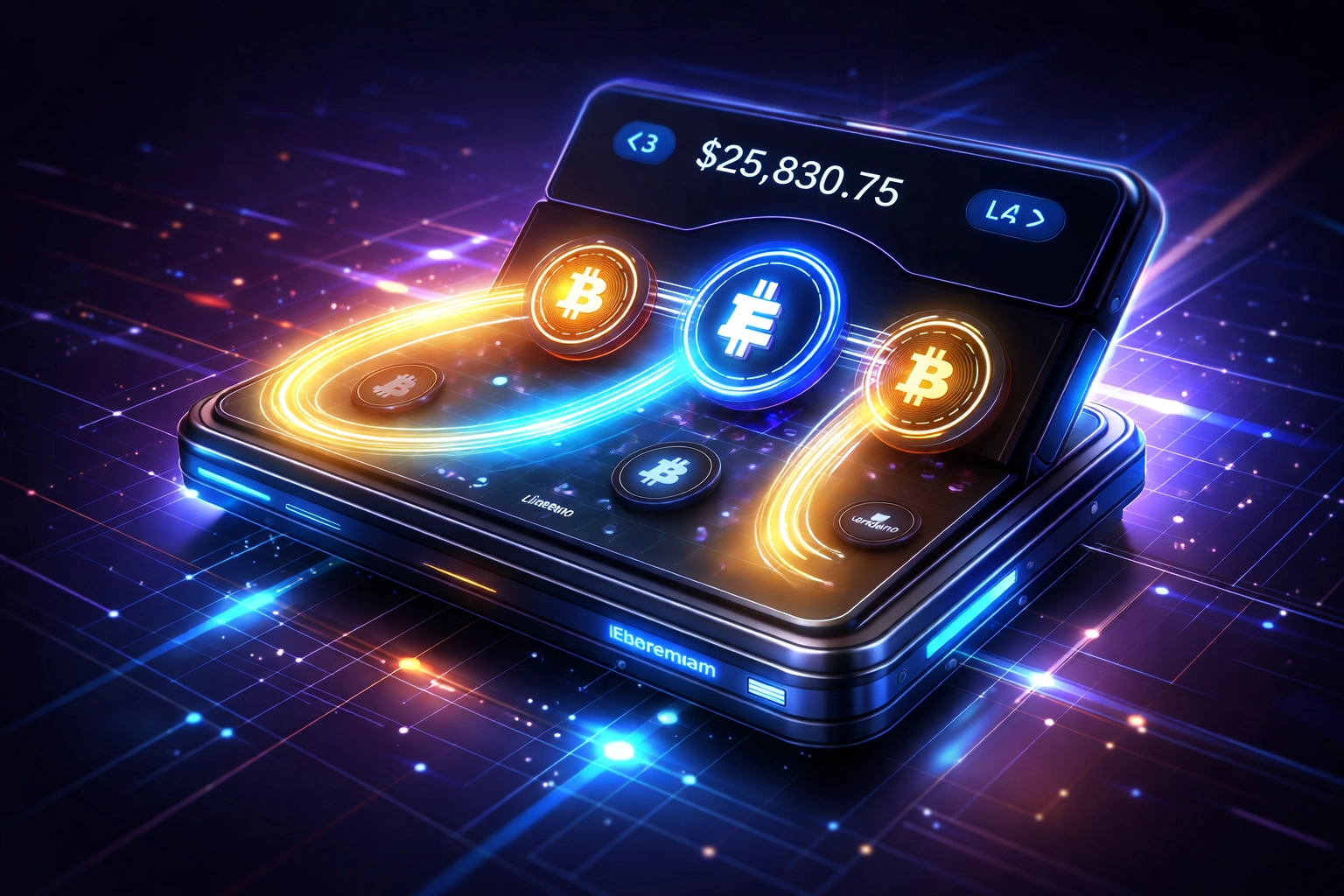 Digital wallet interface with cryptocurrency symbols representing self-custody and secure metaverse payments