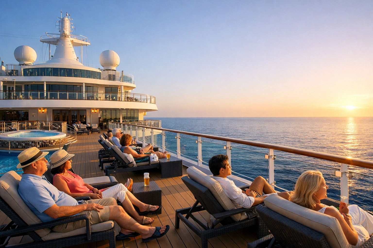 Passengers relaxing on cruise ship deck with calm ocean horizon in background