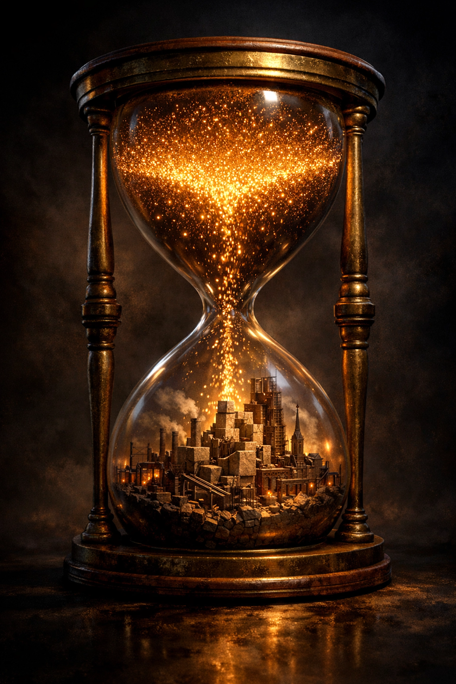 Hourglass showing 410 billion hours of stolen labor building a 19th-century city empire.