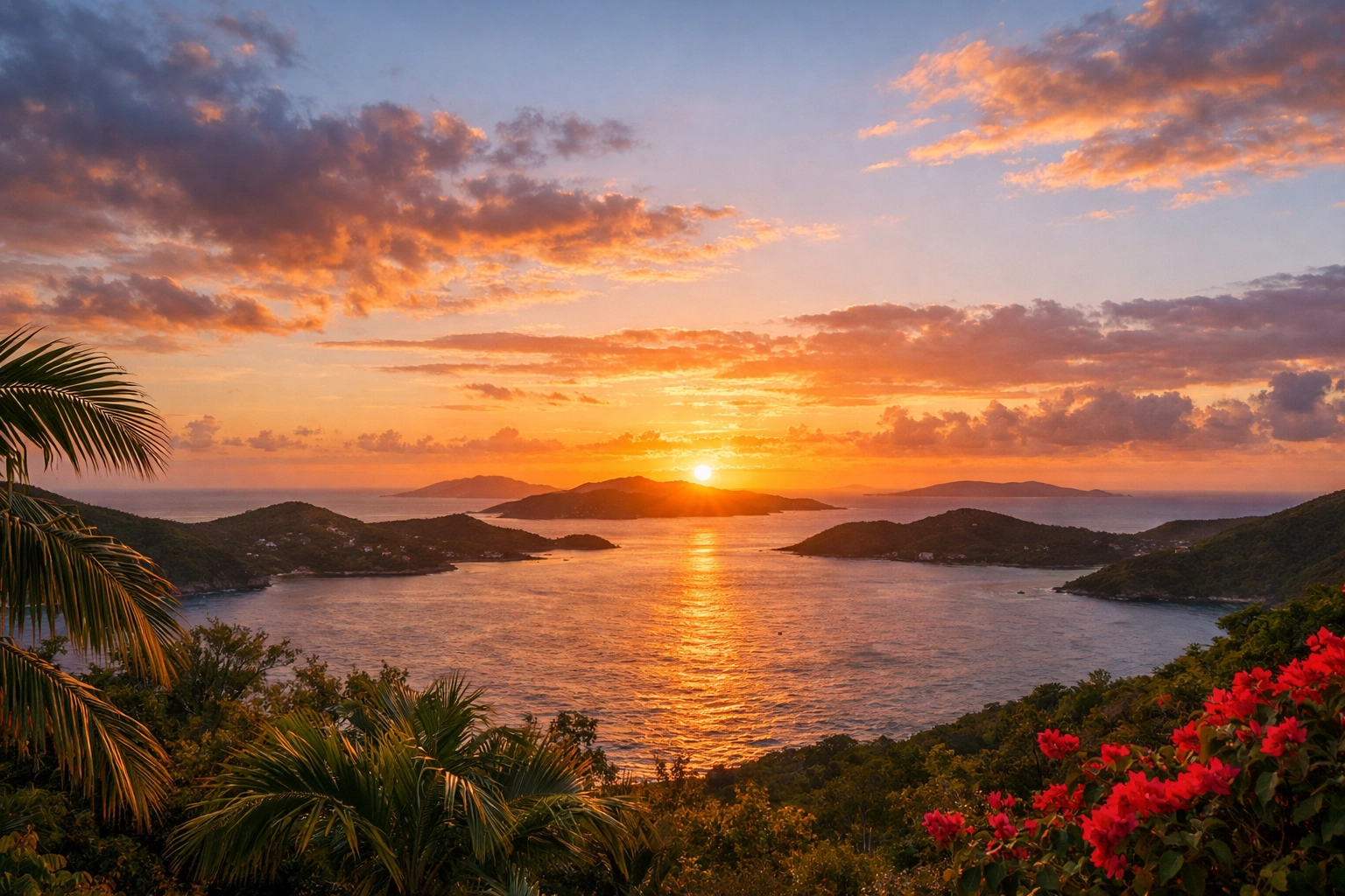 Caribbean sunset over the ocean from a hillside viewpoint in St. Thomas, usvi