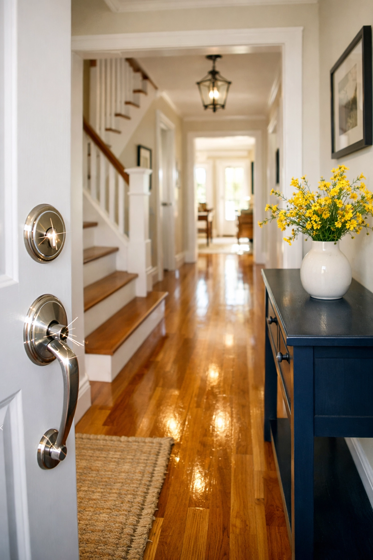 Bright entryway with polished floors from expert house cleaning Ashburnham MA services.