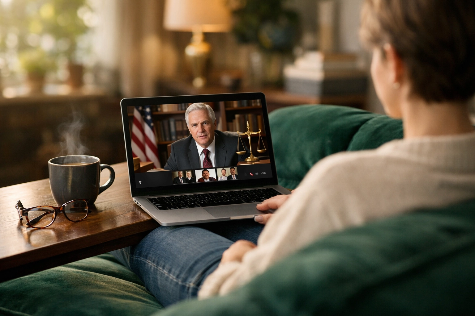 A person using a laptop on a sofa for an Oregon remote online notarization video call session.