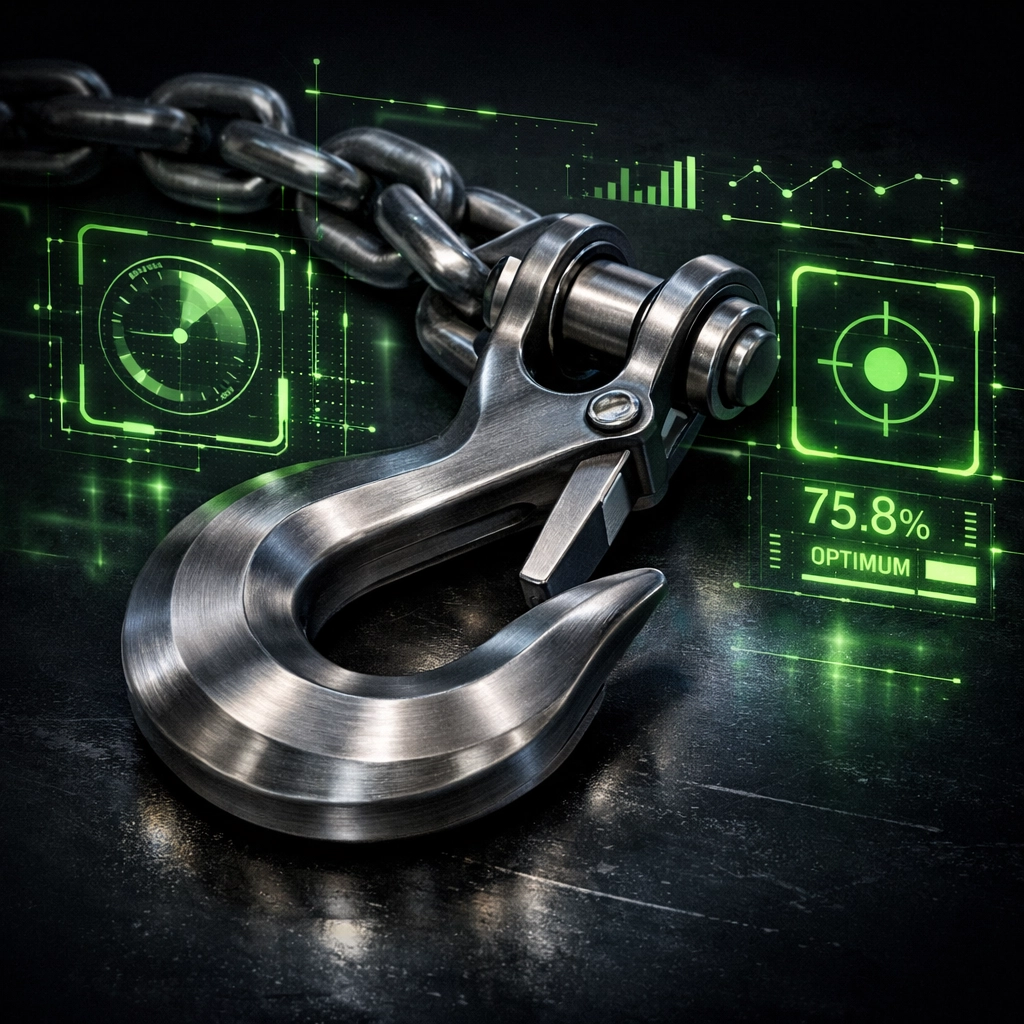 Heavy-duty towing J-hook and chain integrated with digital data for roadside assistance growth.