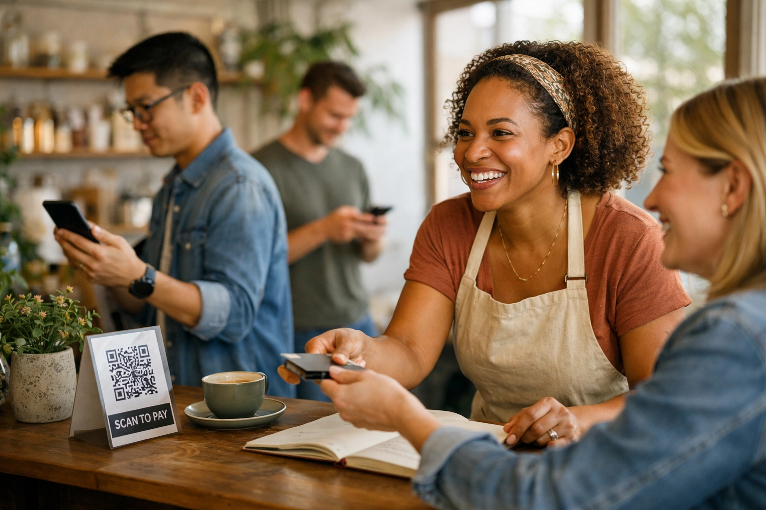 Small business owner collecting customer reviews through multiple natural methods