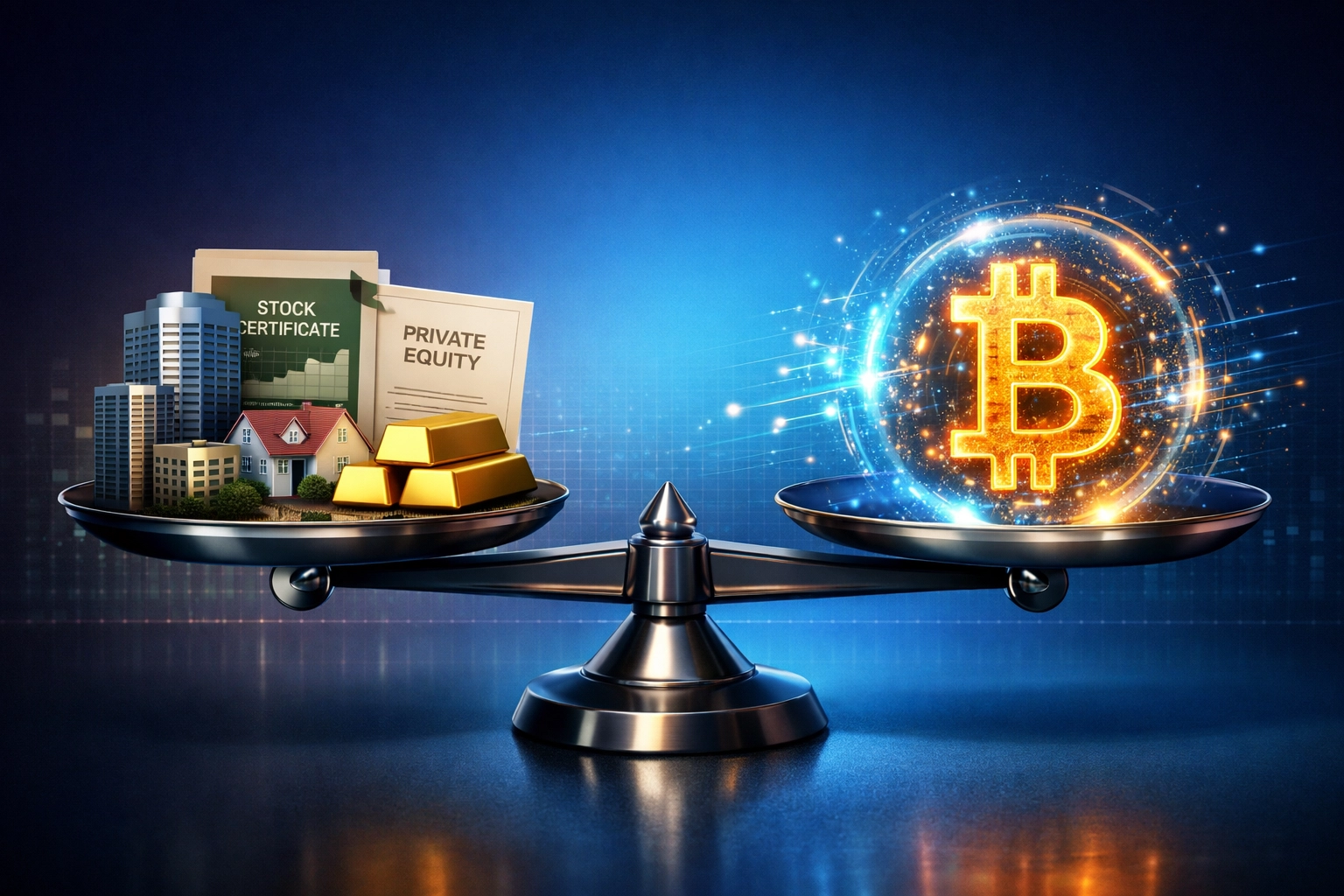 Balanced scale comparing Bitcoin with traditional alternative investments like real estate and gold