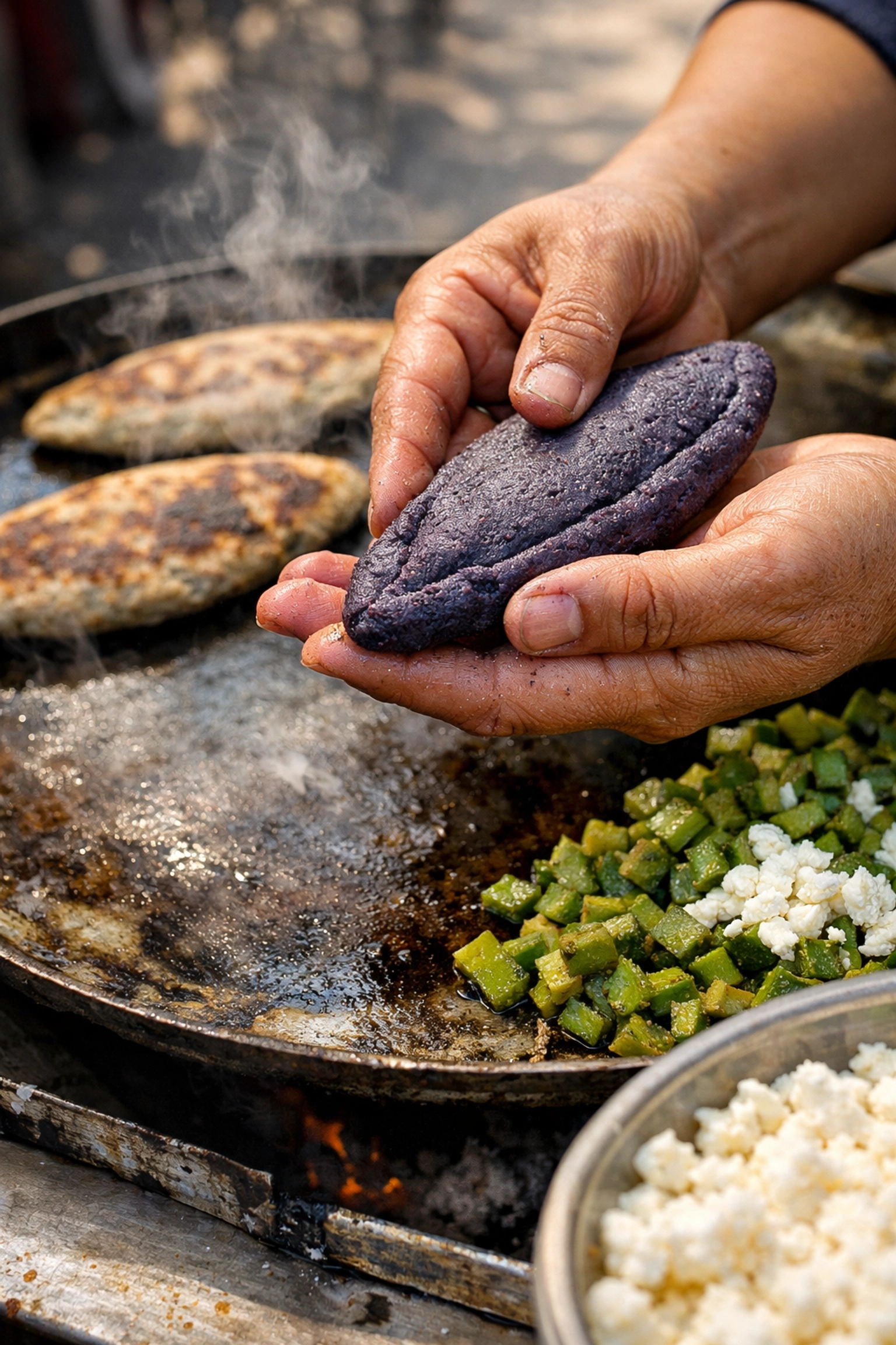 Street vendor preparing fresh blue corn tlacoyos, a must-try Mexico City street food staple.
