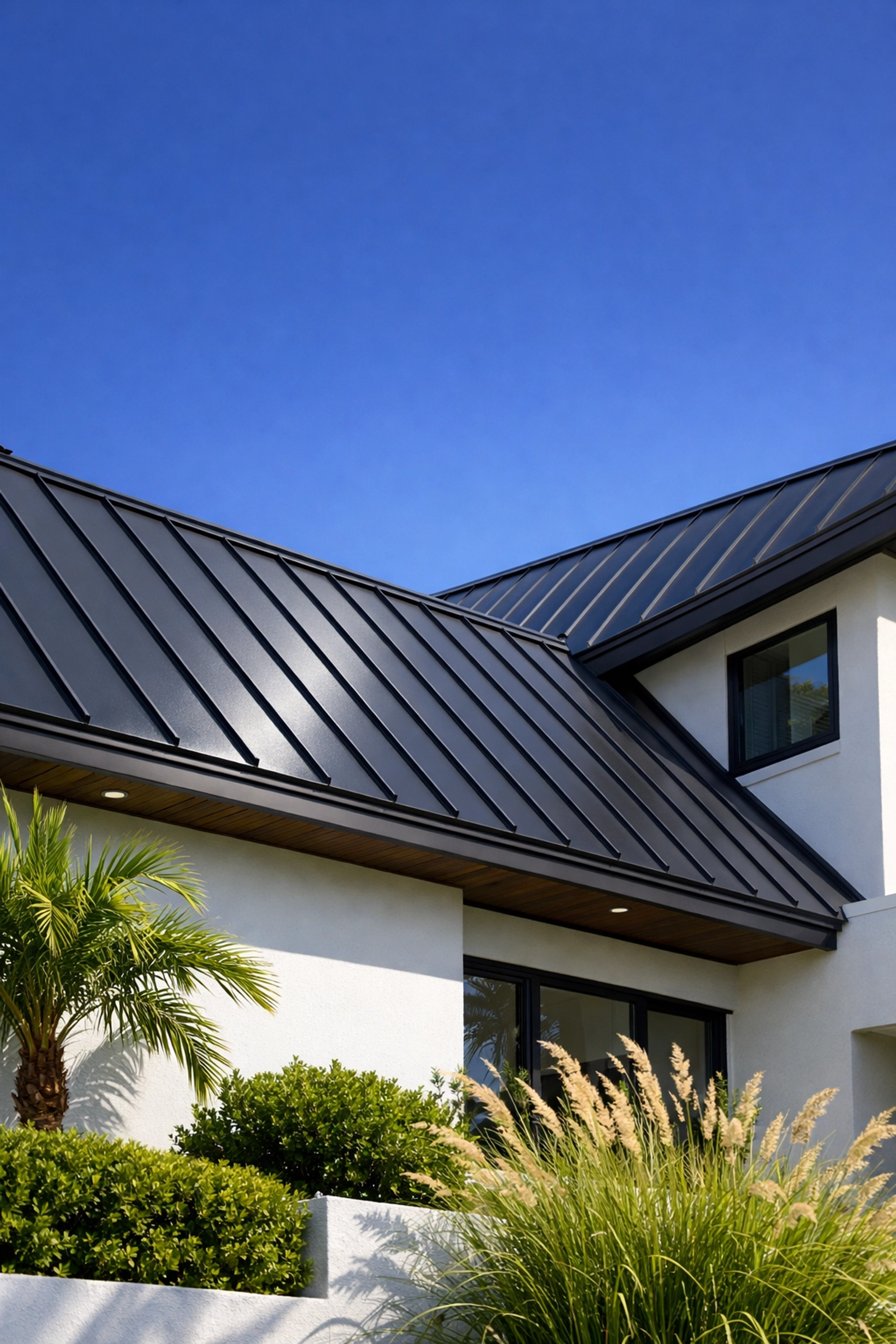 Modern home featuring a charcoal grey standing seam metal roof with energy-efficient cool-roof coating.
