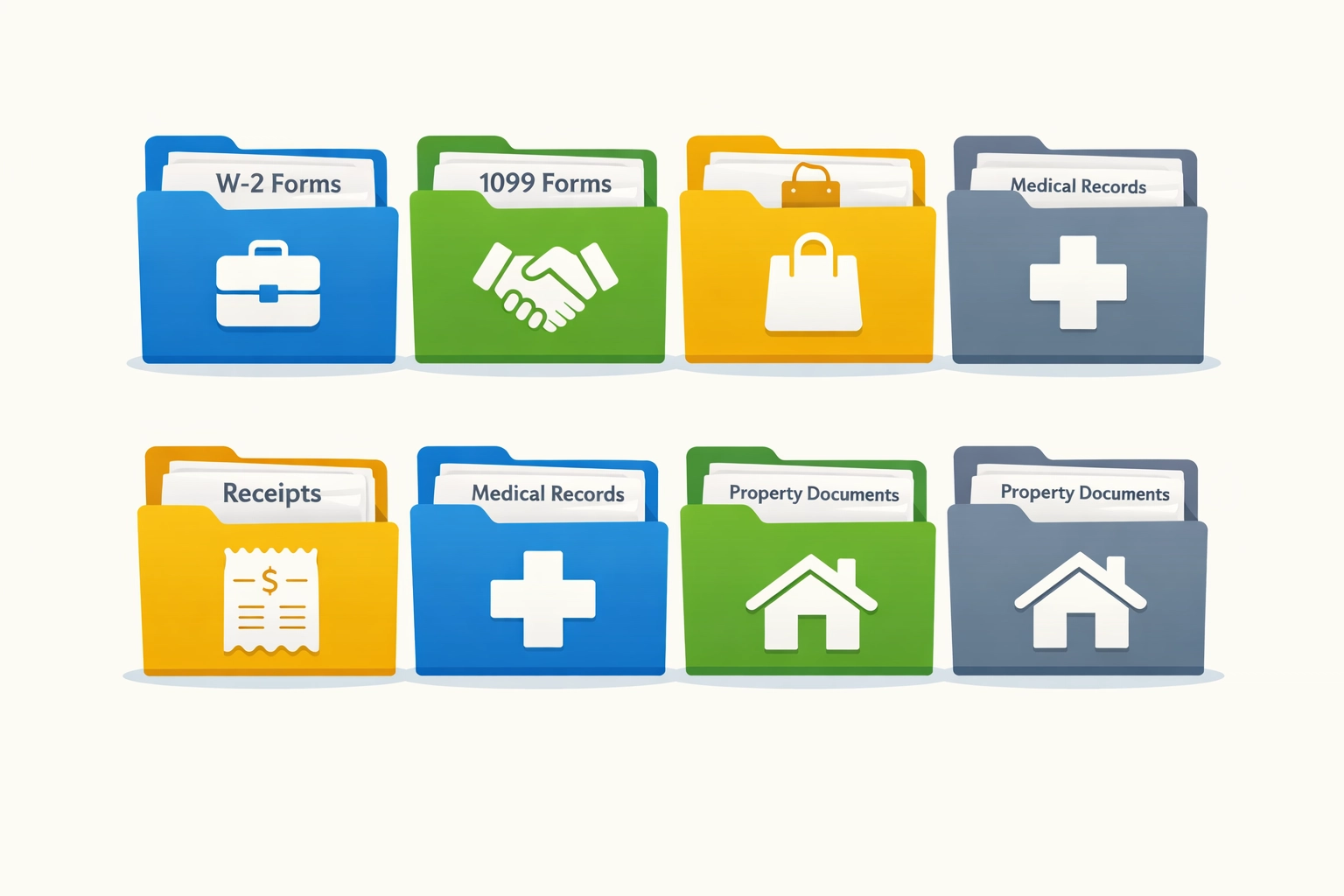 Organized tax document folders including W-2, 1099, receipts, and medical records