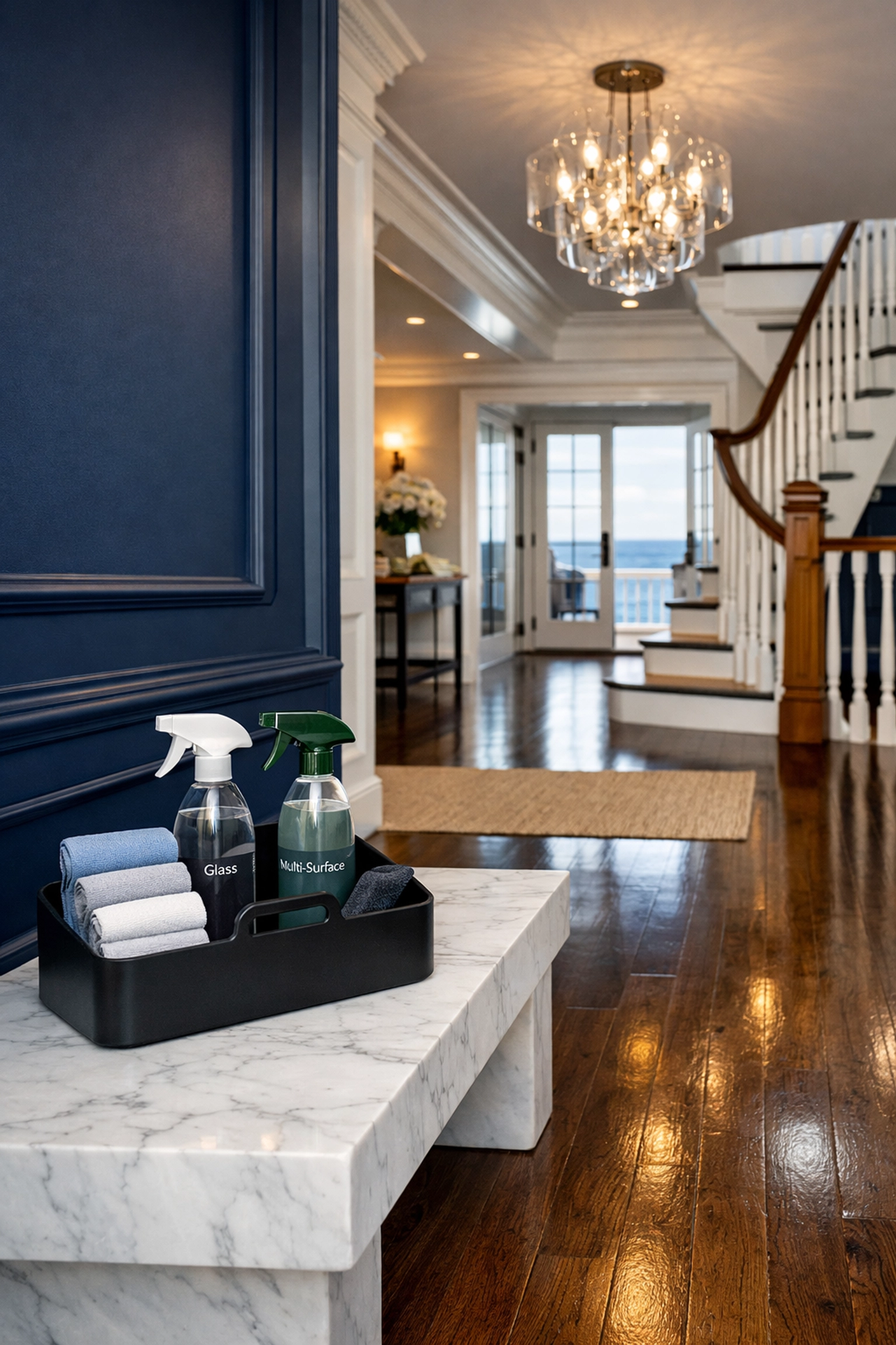 Professional eco-friendly cleaning kit in a luxury Marblehead coastal estate entryway.