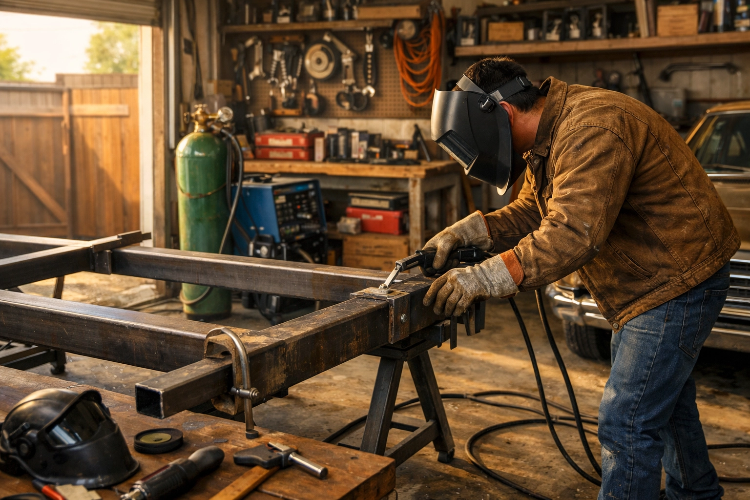 DIY enthusiast using a CO2 gas bottle for a heavy-duty welding project in a home garage.