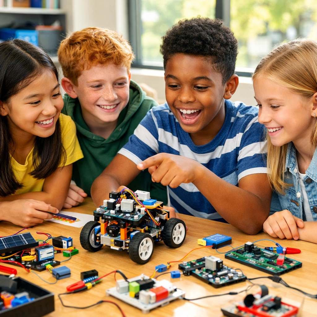 Diverse middle school students collaborating on hands-on robotics and STEM activities in classroom