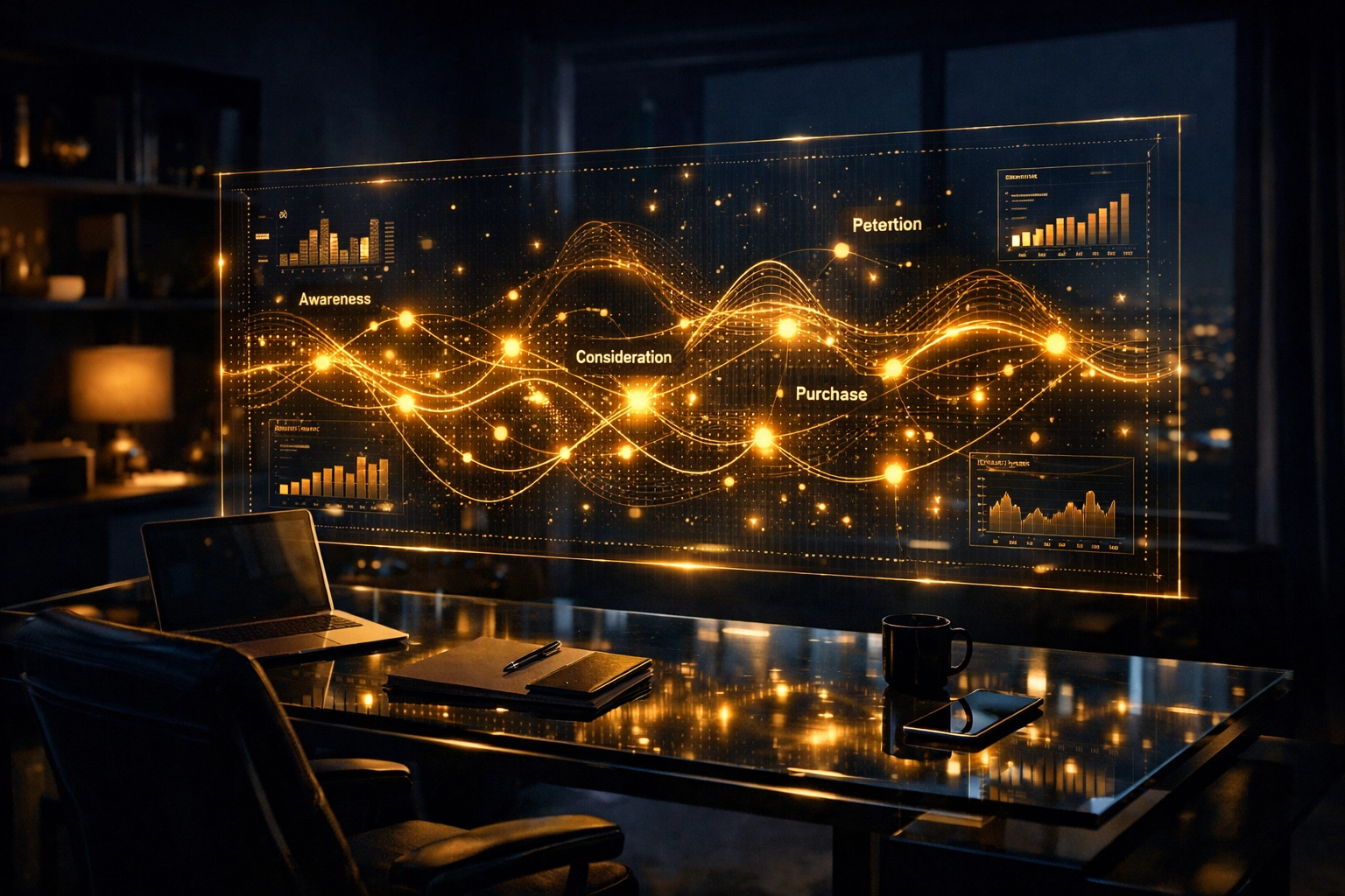 A digital holographic display of a customer journey map for tracking influencer marketing campaign ROI.