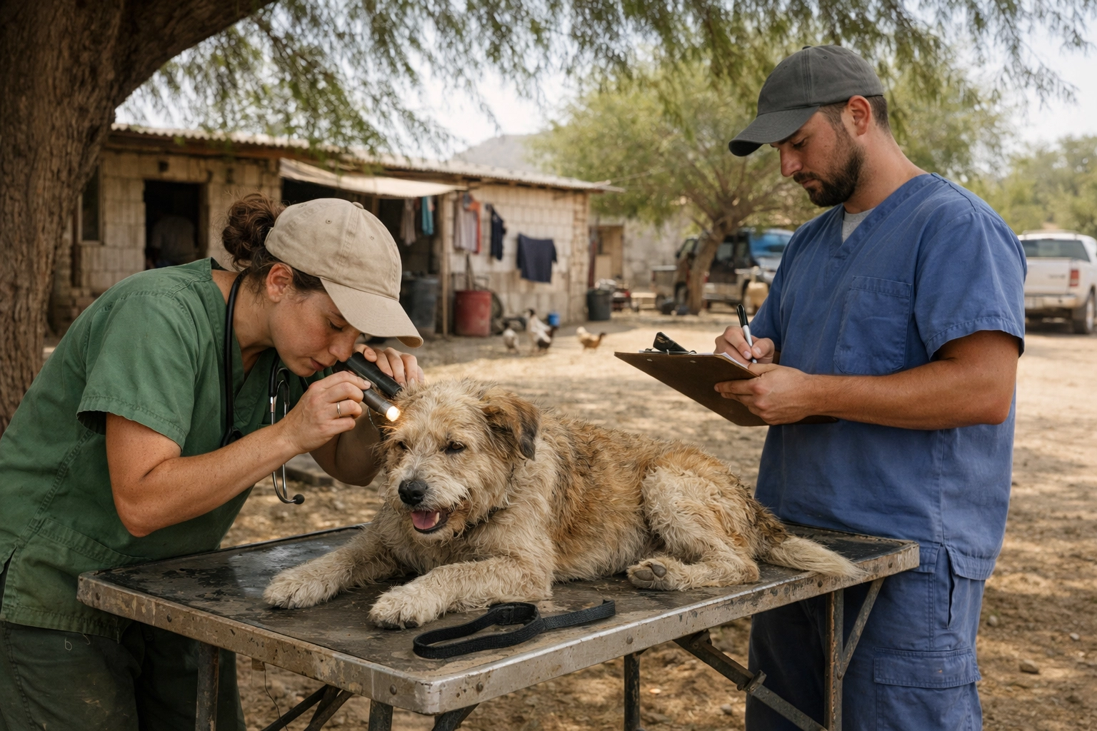 Veterinary volunteers conducting a health exam on a dog at a rural TNR clinic in Mexico.