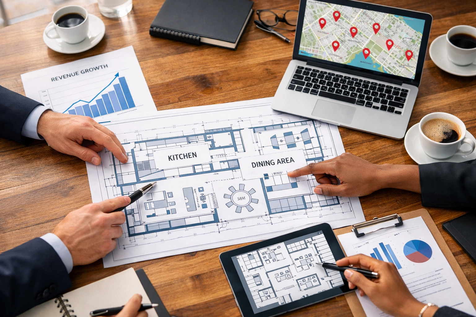 Restaurant growth strategy meeting with expansion plans and financial charts
