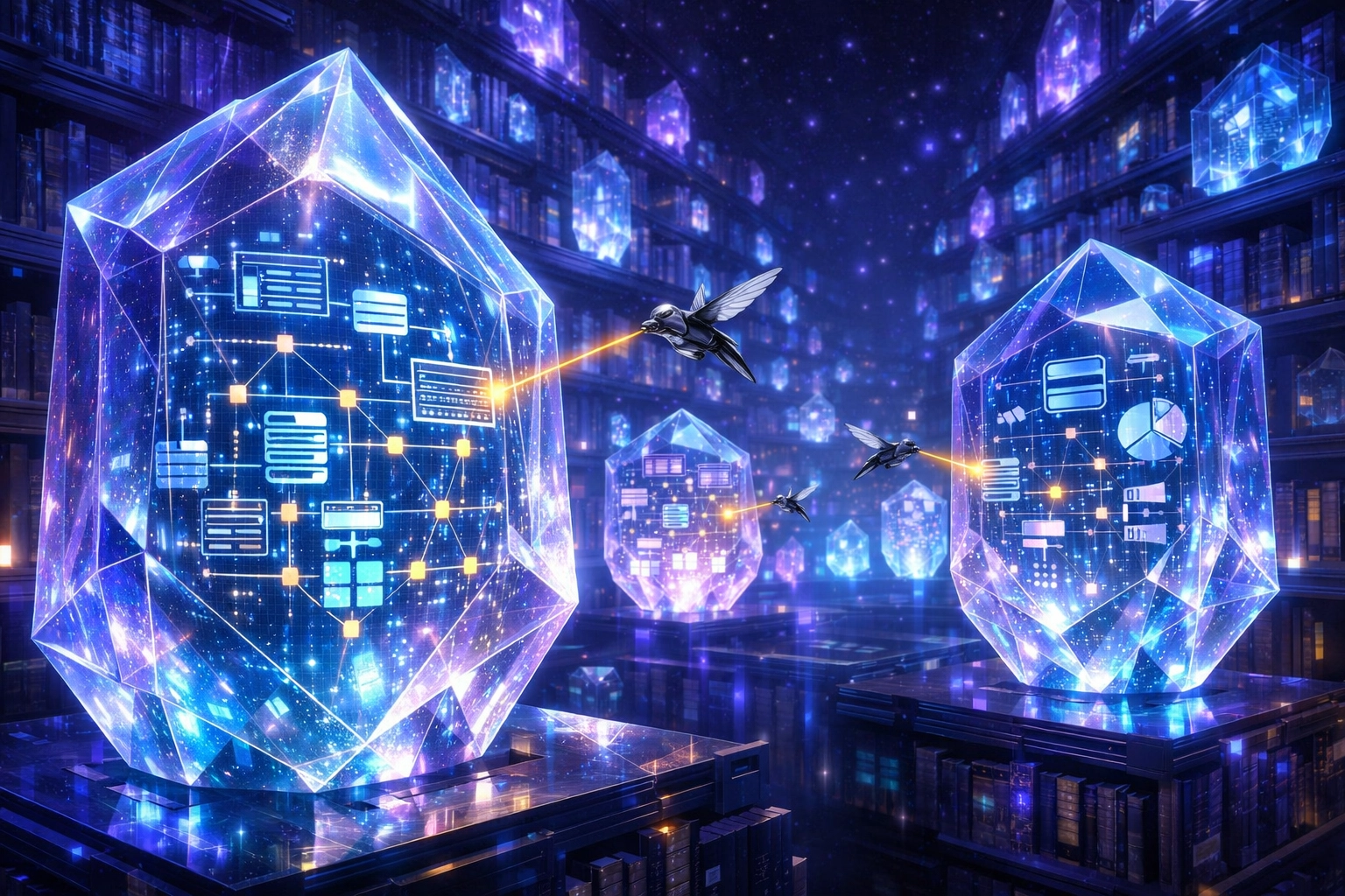 Drones scanning structured data crystals in a digital library symbolizing AI-ready schema markup for SEO.