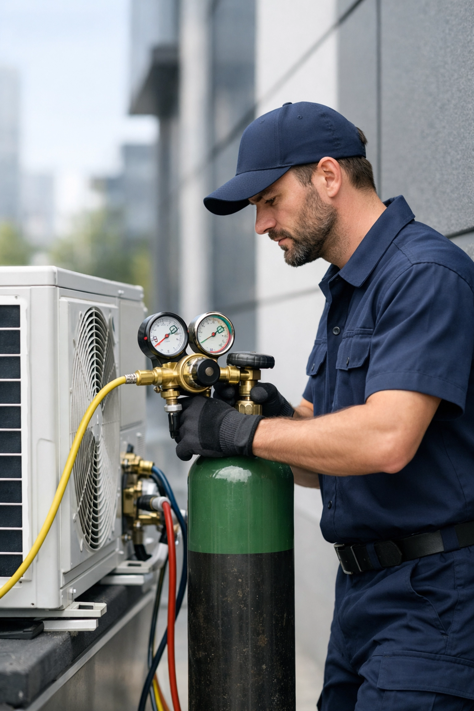 HVAC engineer using a nitrogen cylinder and regulator to purge air conditioning pipework.