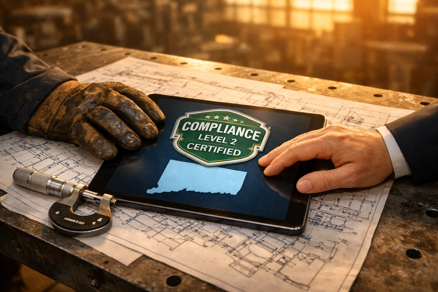 CT business insurance broker and machinist reviewing CMMC Level 2 certification for defense contracting.